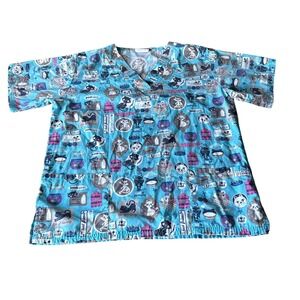 UA Scrubs Furry Friends Turquoise Cat Print V-Neck Scrub Top Medium PC62FRT